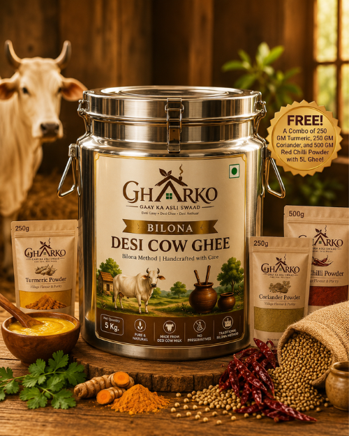 Gharko Foods Premium Family Combo – 5L A2 Bilona Ghee + FREE 3 Premium Spices