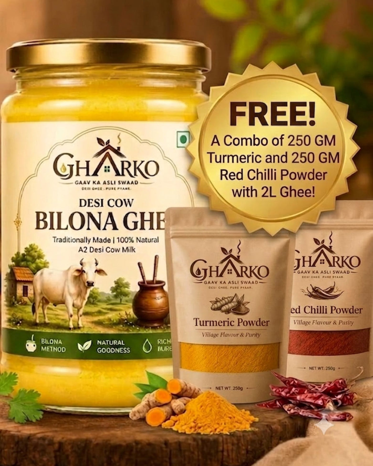 Limited Time Offer: 2L A2 Bilona Desi Ghee with FREE Turmeric & Red Chilli Powder
