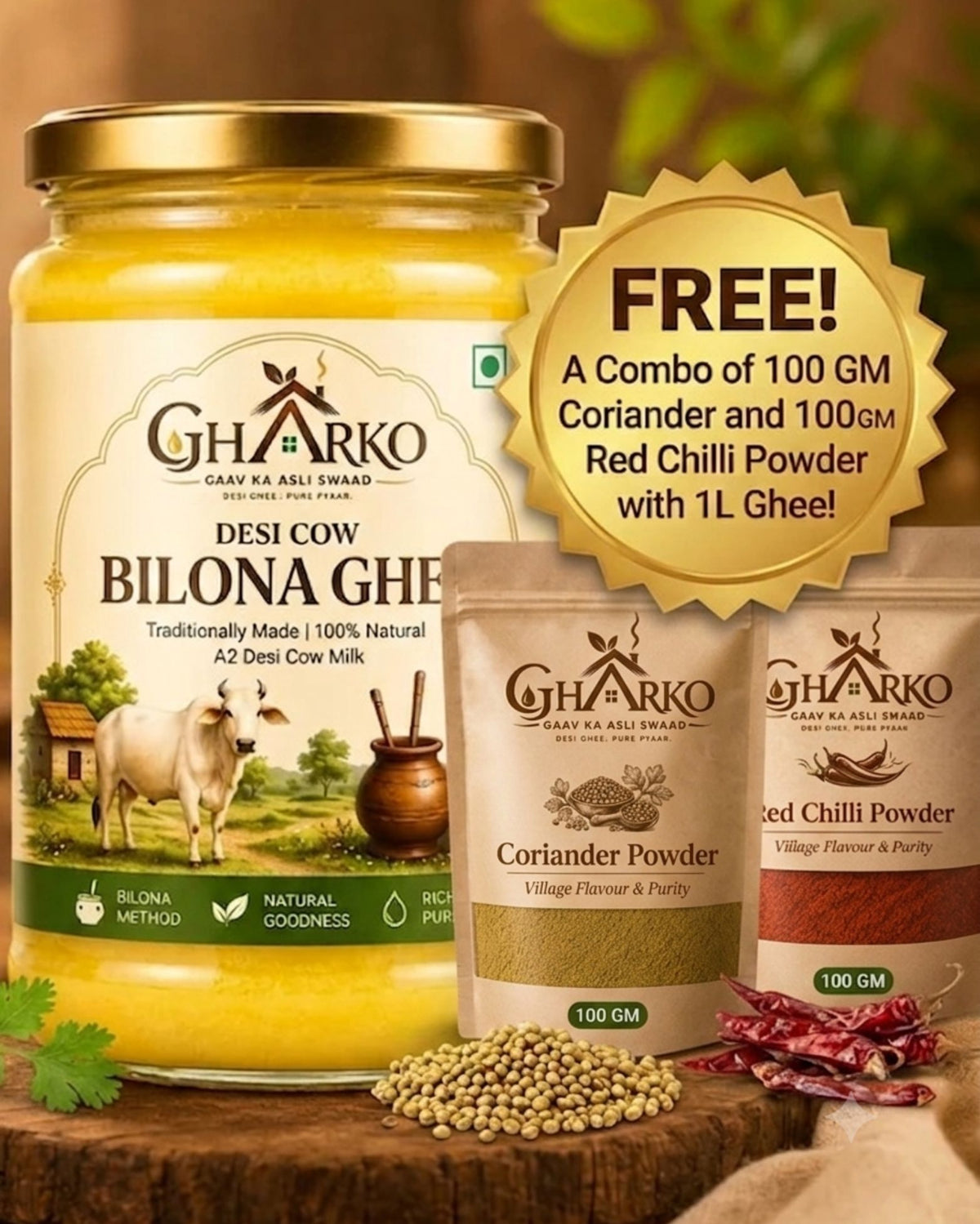 Gharko Foods 1L A2 Bilona Desi Ghee + FREE 100g Coriander Powder & 100g Red Chilli Powder