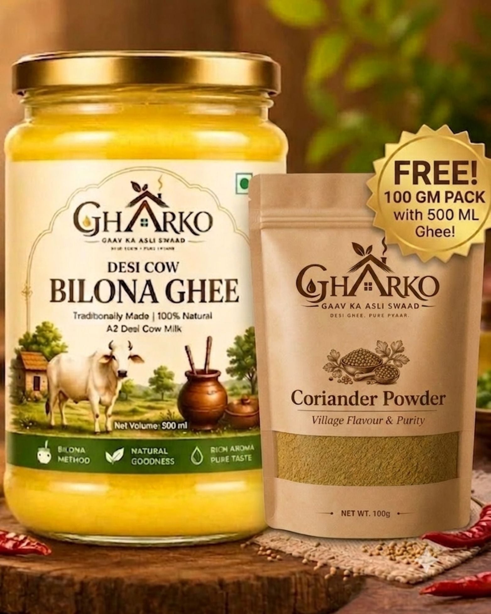 Gharko Foods 500ml A2 Bilona Desi Ghee + FREE 100g Coriander Powder