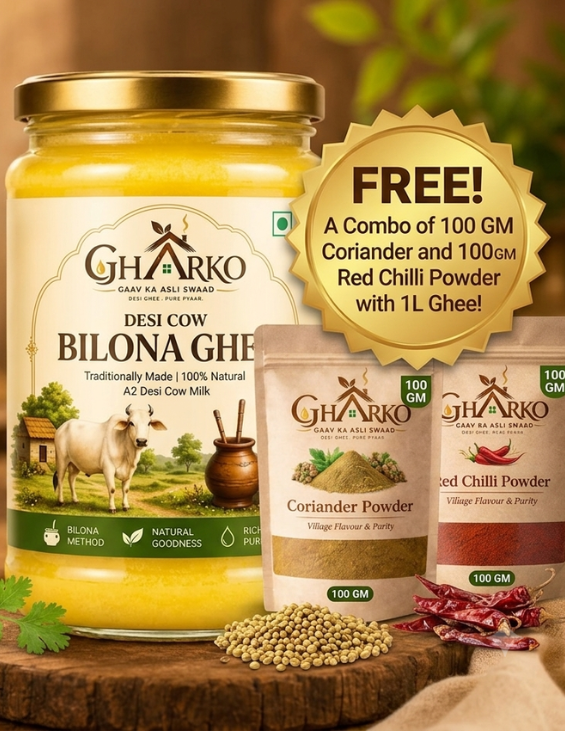 Gharko Foods 1L A2 Bilona Desi Ghee + FREE 100g Coriander Powder & 100g Red Chilli Powder