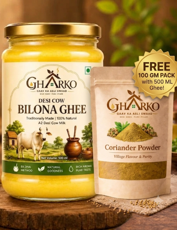 Gharko Foods 500ml A2 Bilona Desi Ghee + FREE 100g Coriander Powder